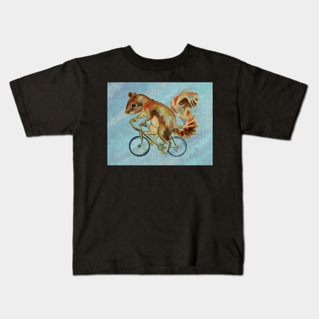 Squirrel On Bike (blue background) Kids T-Shirt by ellemrcs